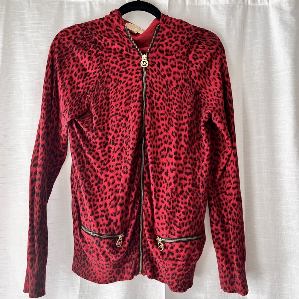 MICHAEL KORS Leopard Red and Black Cardigan with gold zipper size L